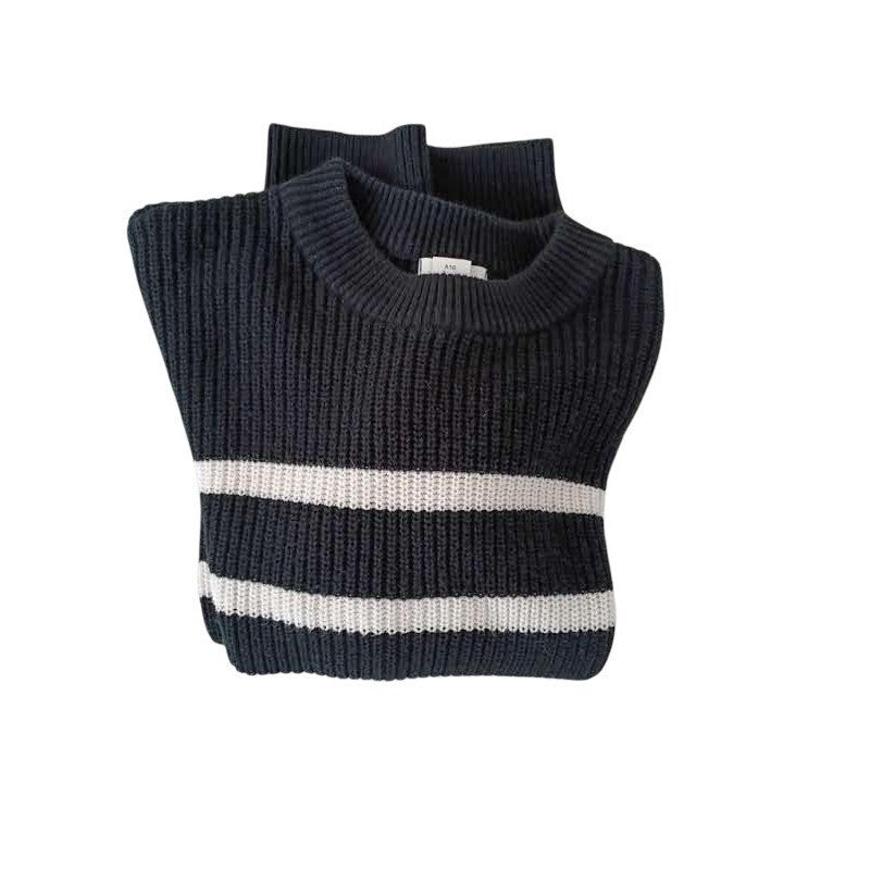 H&M Striped Coastal Cotton Blend Sweater Navy White Crew Neck Fits S/M Ribbed