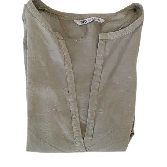 ZARA Linen Blend Tunic Khaki Green Oversized V Neck Coastal M