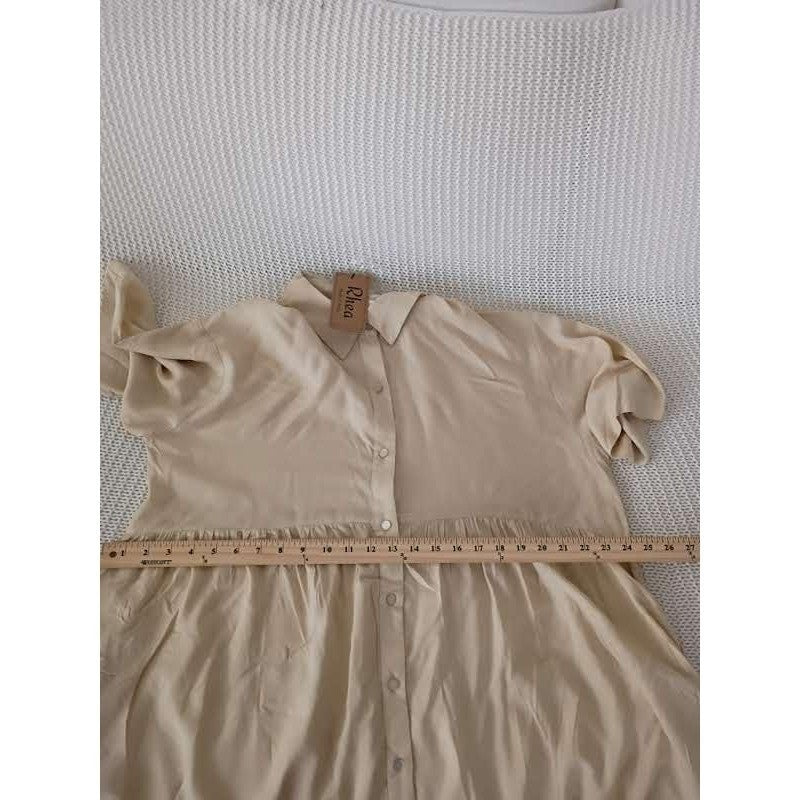 NWT RHEA Tan Tiered Babydoll Mini Dress L/XL Oversized Boho Viscose Short Sleeve