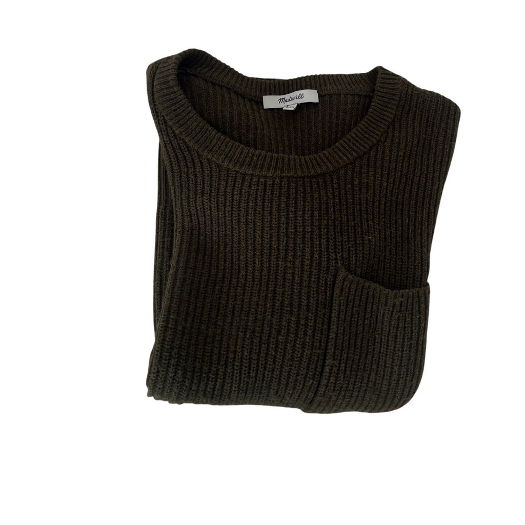 Madewell Olive Green Ribbed Pocket Sweater Cotton Blend Long Sleeve Minimalist S