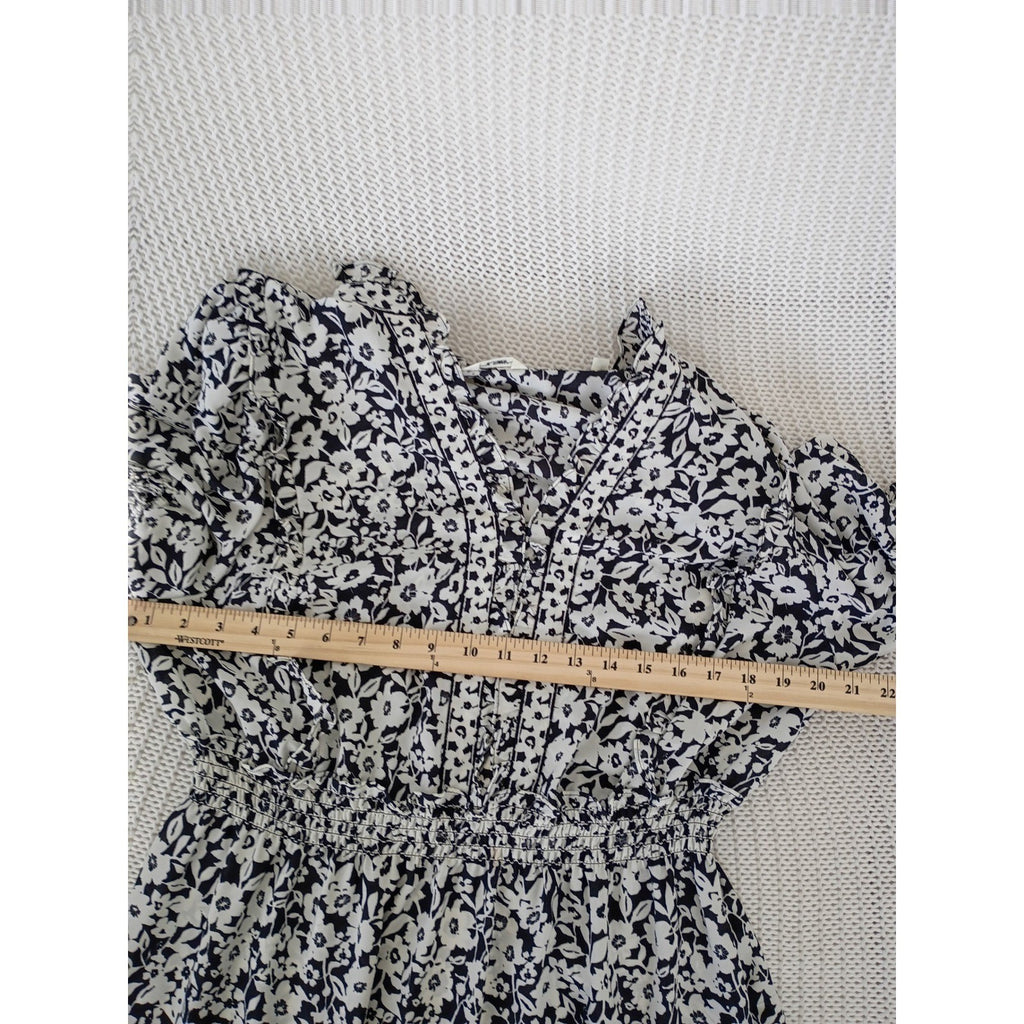Max Studio London Black White Floral Smocked Waist Tiered Midi Dress Medium