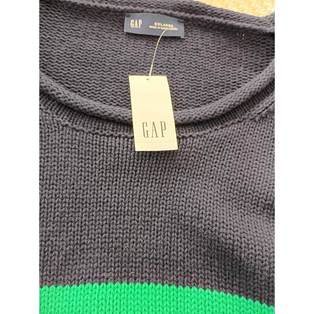 GAP NWT Navy Green Striped 100% Cotton Crewneck Sweater L Pullover Relaxed Fit