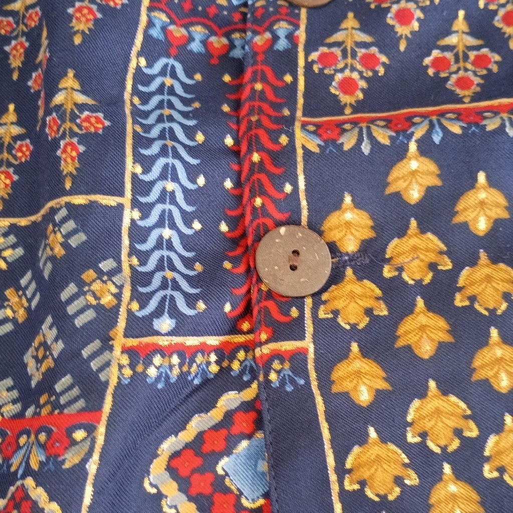 RHEA NWT Silk Blend Navy Patchwork Block Print Button Down Shirt S/M Boho India