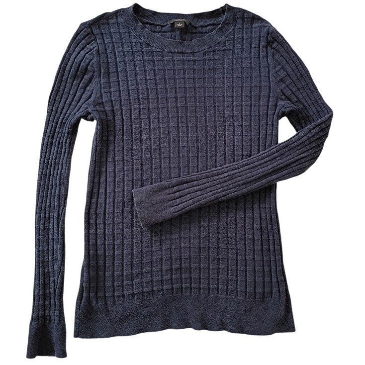 Ann Taylor Cotton Wool Sweater Navy Textured Crew Neck Quiet Luxury S