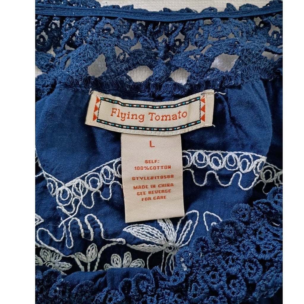 Flying Tomato Navy 100% Cotton Embroidered Crochet Off Shoulder Boho L