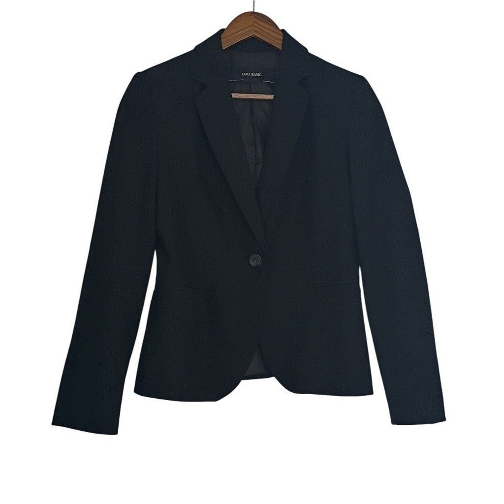 ZARA BASIC Black One Button Blazer Jacket Women US 6 Made in Morocco