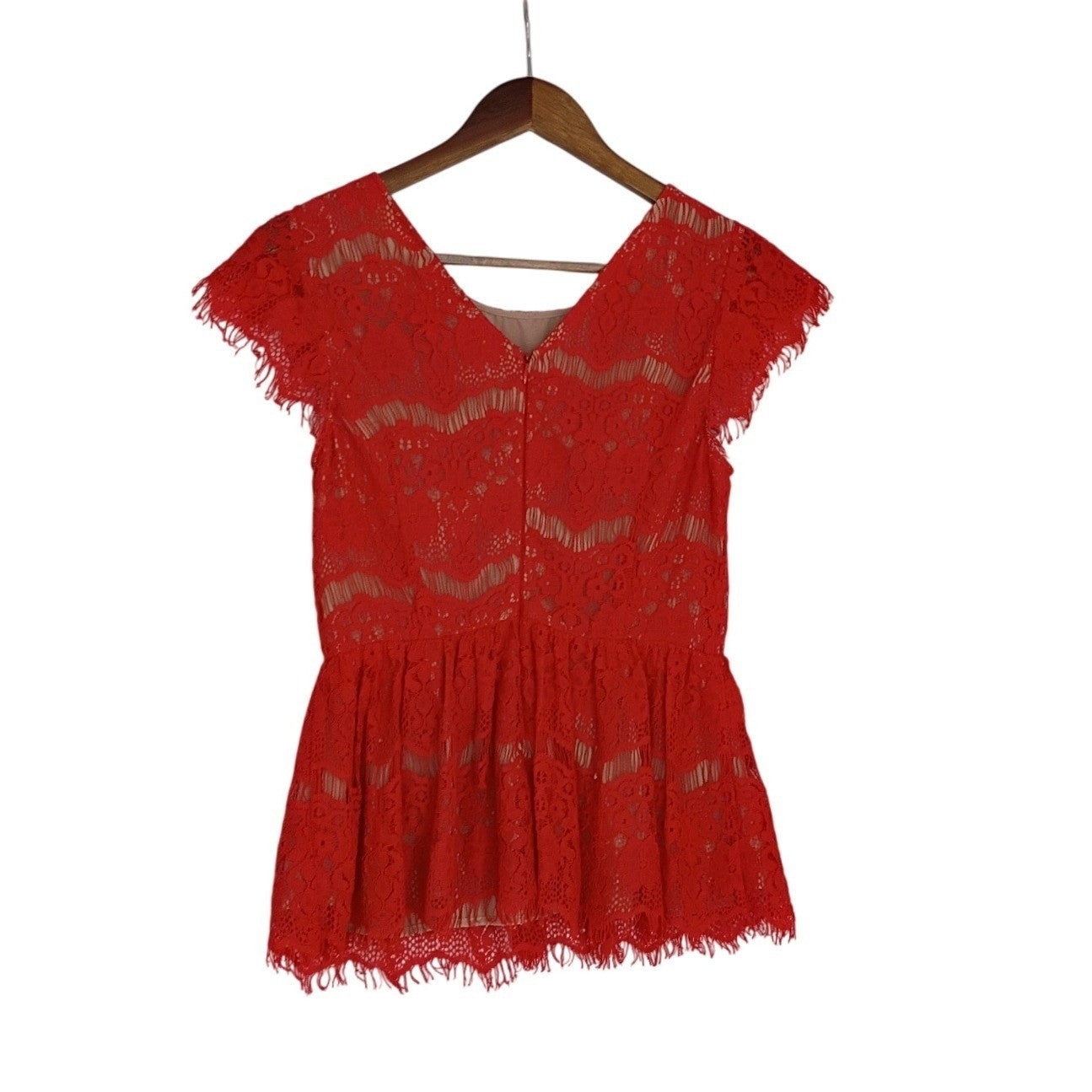 Maeve Anthropologie Red Lace Peplum Top Eyelash Trim Short Slve XS Romantic $98
