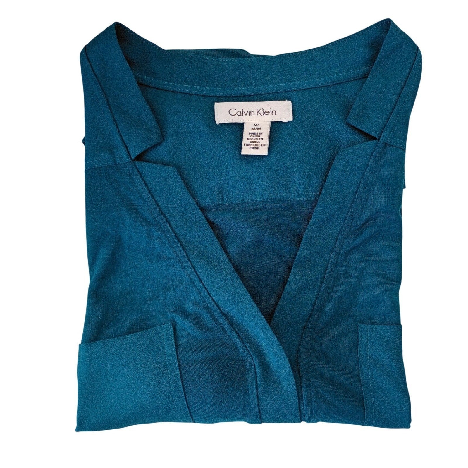 Calvin Klein Teal Blue 3/4 Sleeve V Neck Roll Tab Pocket Shirt Women's M