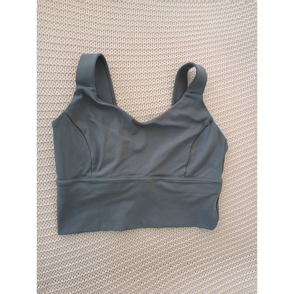 Athleisure Slate Blue Longline V-Neck Sports Bra Wrap Back Activewear Top L $48