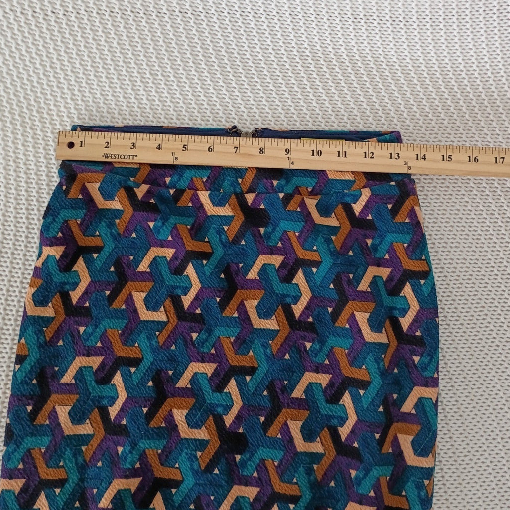 Maeve Anthropologie Geometric Optical Illusion Pencil Skirt Teal Purple Cotton S