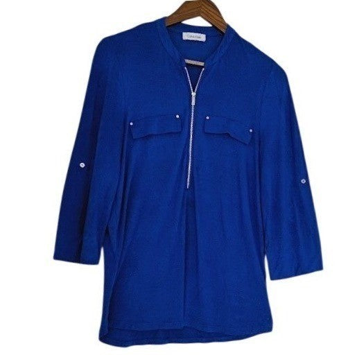 Calvin Klein Blue Zipper Pocket 3/4 Sleeve Tunic Top M Modern Professional