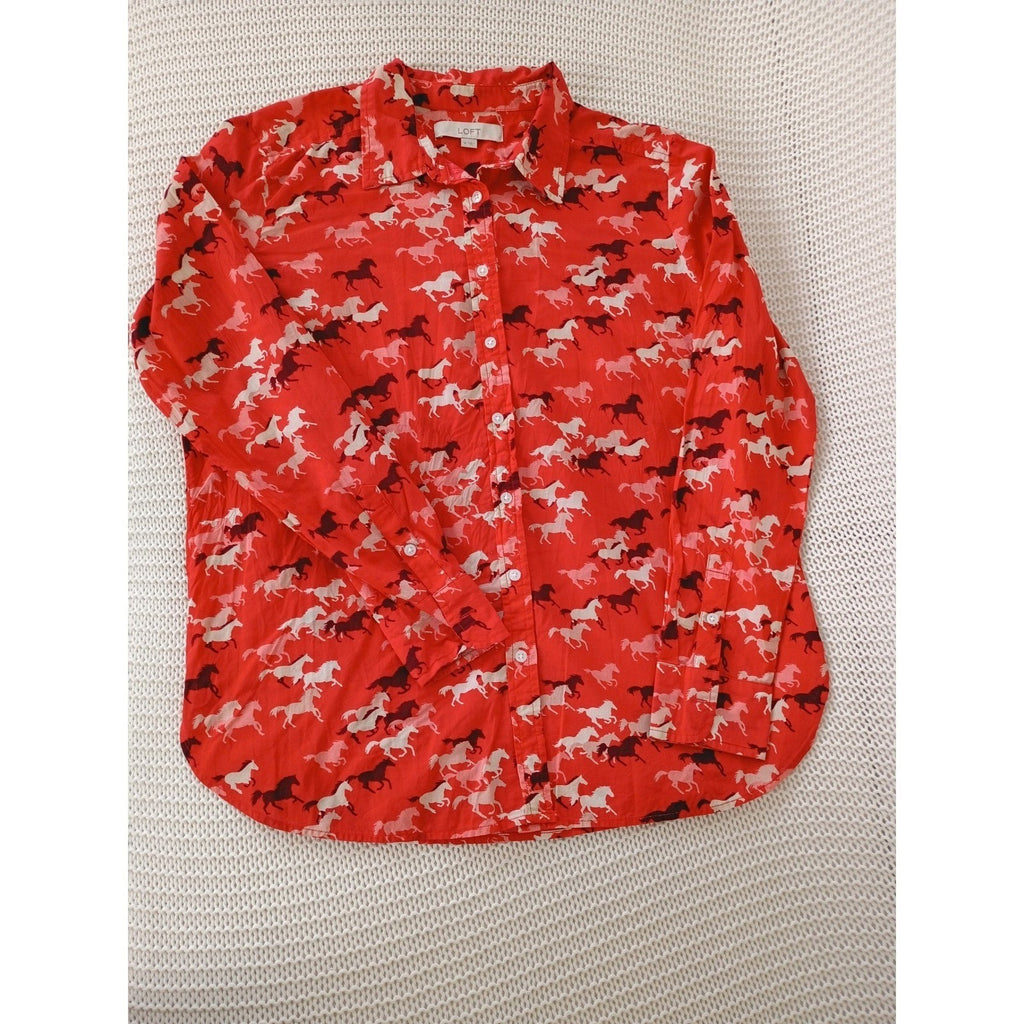 LOFT $60 Red Horse Equestrian Print Cotton Shirt Medium M Long Sleeve Preppy