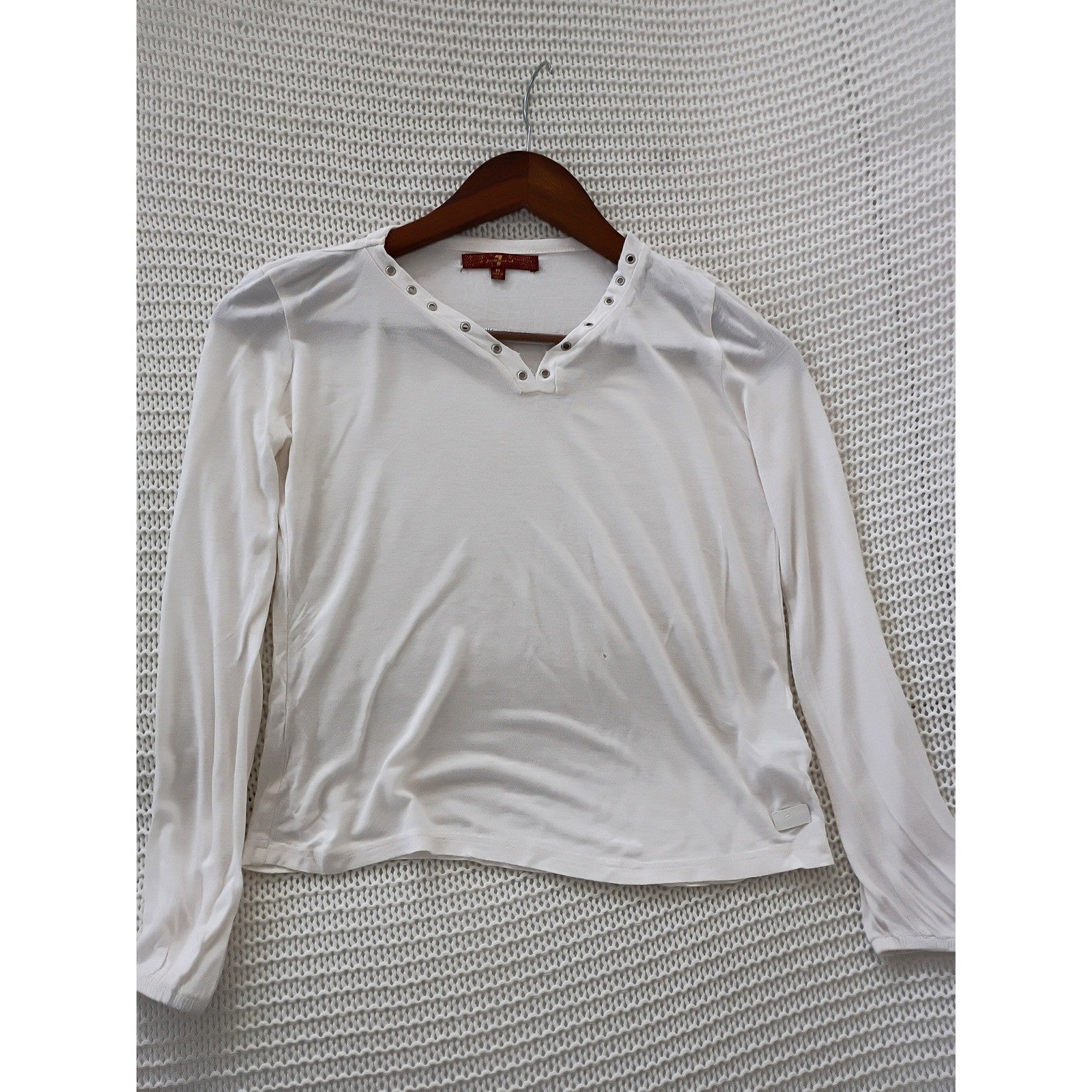 7 For All Mankind White Eyelet Grommet Top V Neck Long Sleeve Boho Blouse M