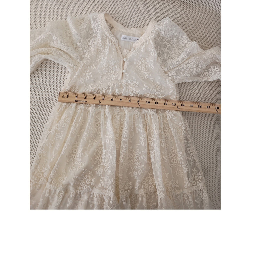 Zara Kids Lace Dress Cream White Button Front Tiered Ruffle Girls Size 8