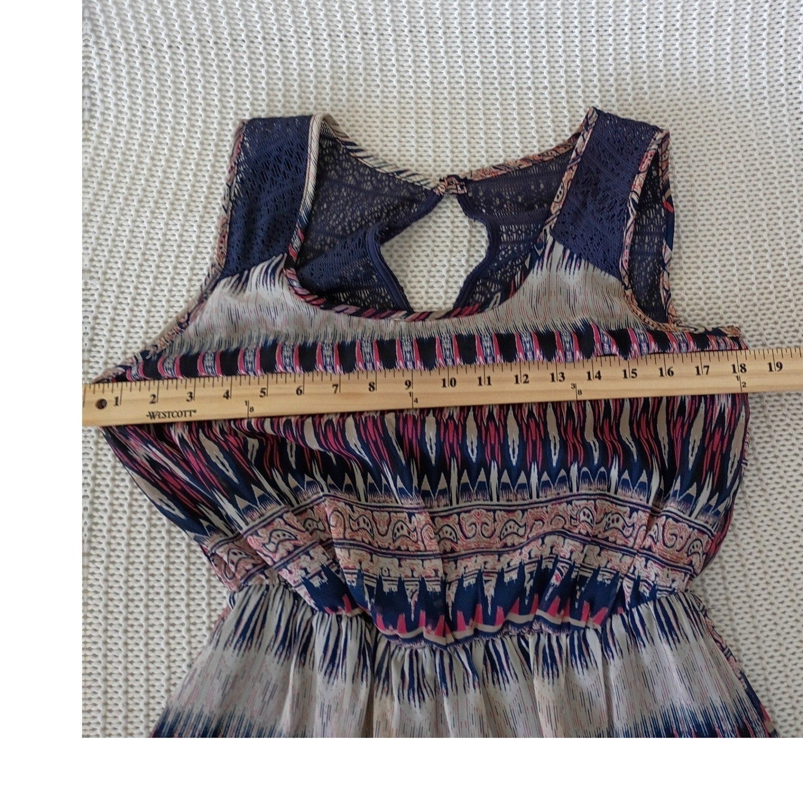 Trixxi Navy Pink Geometric Paisley Lace Sheer Maxi Dress Small Boho Slit Beach
