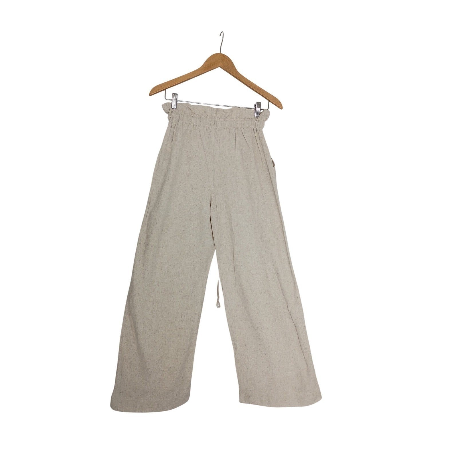 Linen Blend Wide Leg Pants Beige Paperbag Waist Drawstring Casual Comfort
