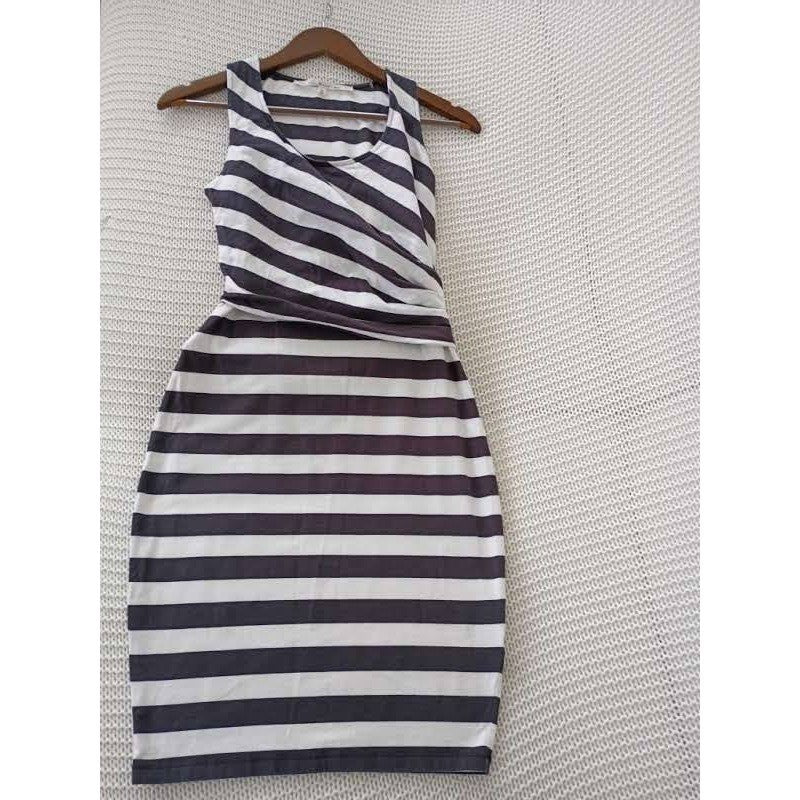 Rachel Roy Black/Wht Cotton Striped Slvless Draped Sheath Midi Dress Fits S $129