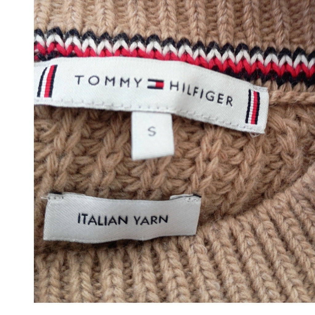 Tommy Hilfiger Elegant Camel Mock Neck Sweater 82% Lana Wool Ribbed Knit S Cozy