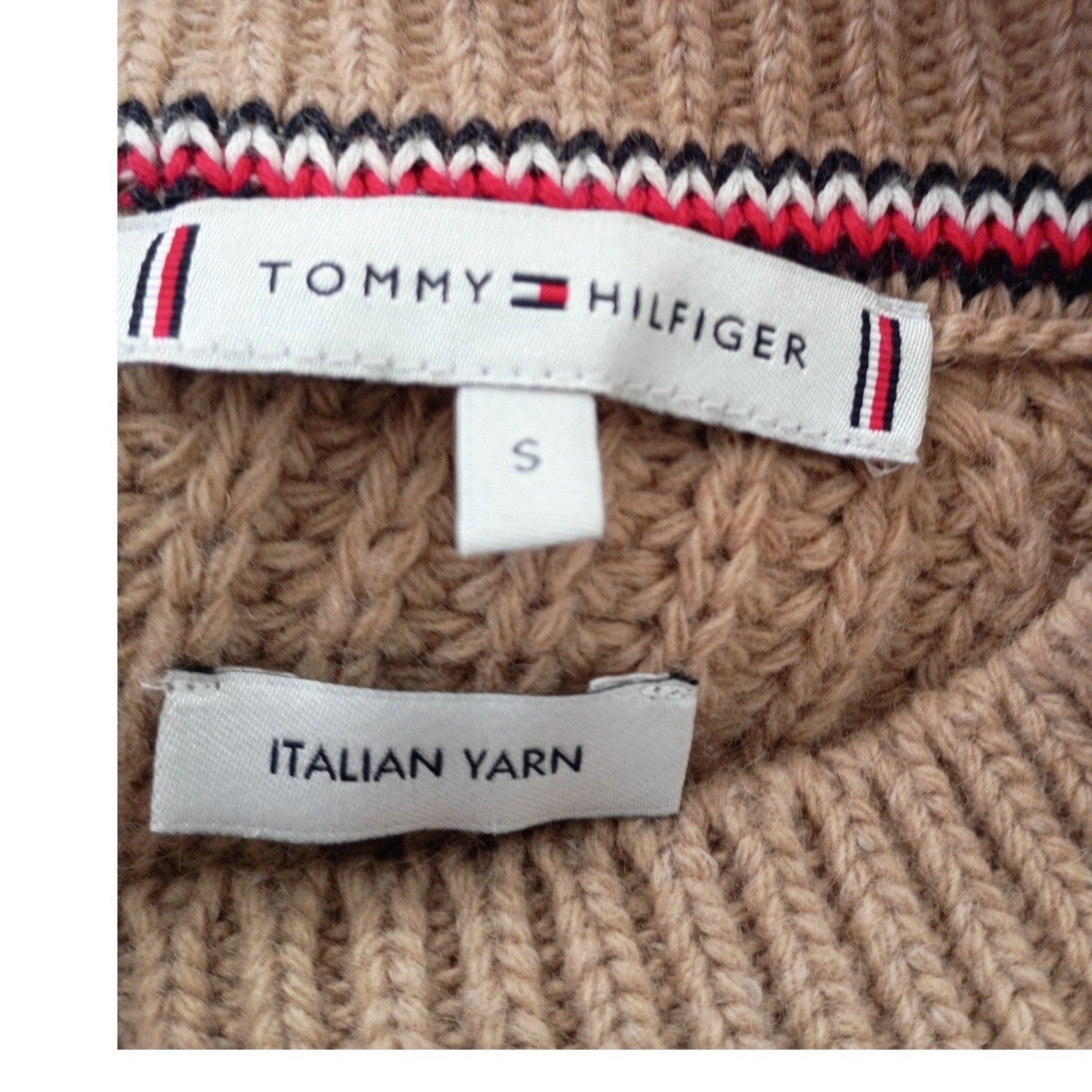 Tommy Hilfiger Elegant Camel Mock Neck Sweater 82% Lana Wool Ribbed Knit S Cozy