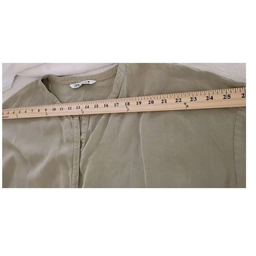 ZARA Linen Blend Tunic Khaki Green Oversized V Neck Coastal M