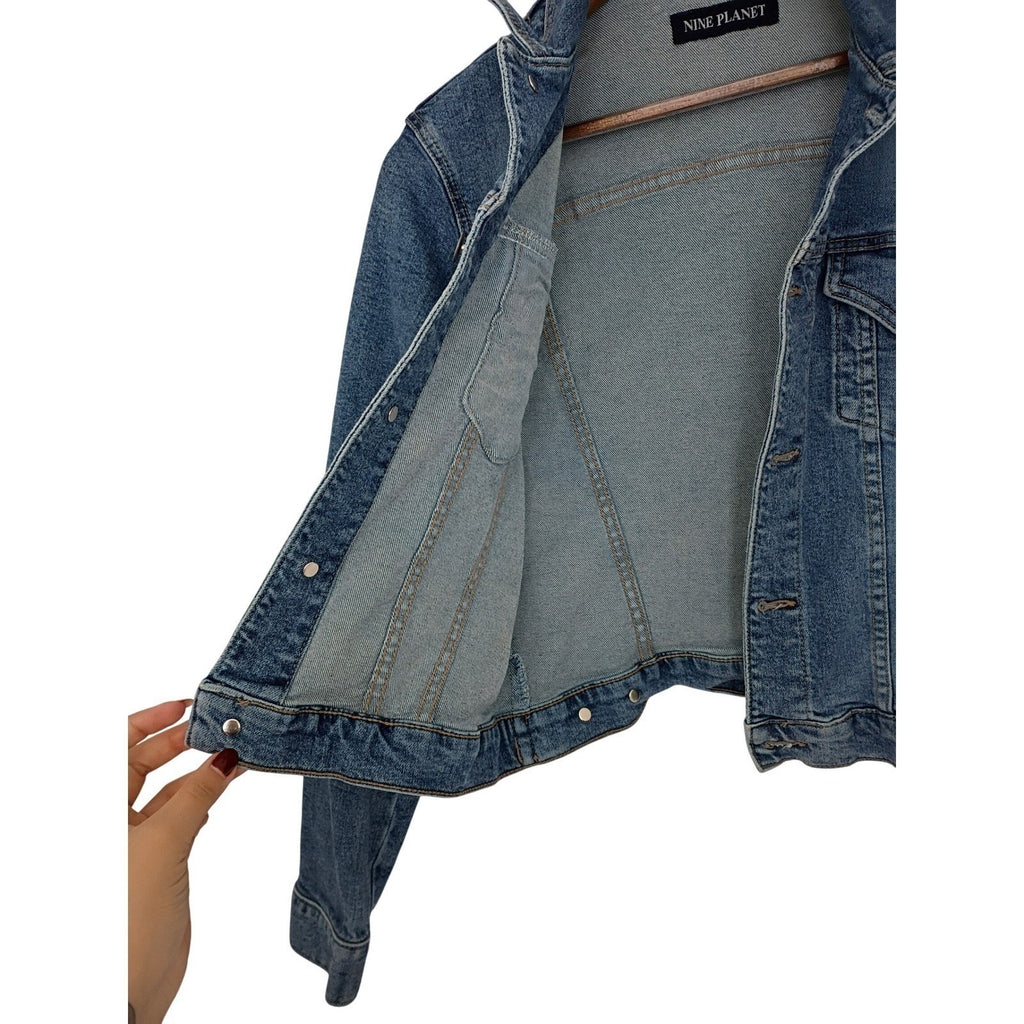 Nine Planet Vintage Y2K Cropped Denim Jacket S Fitted Blue Jean Retro Cyber