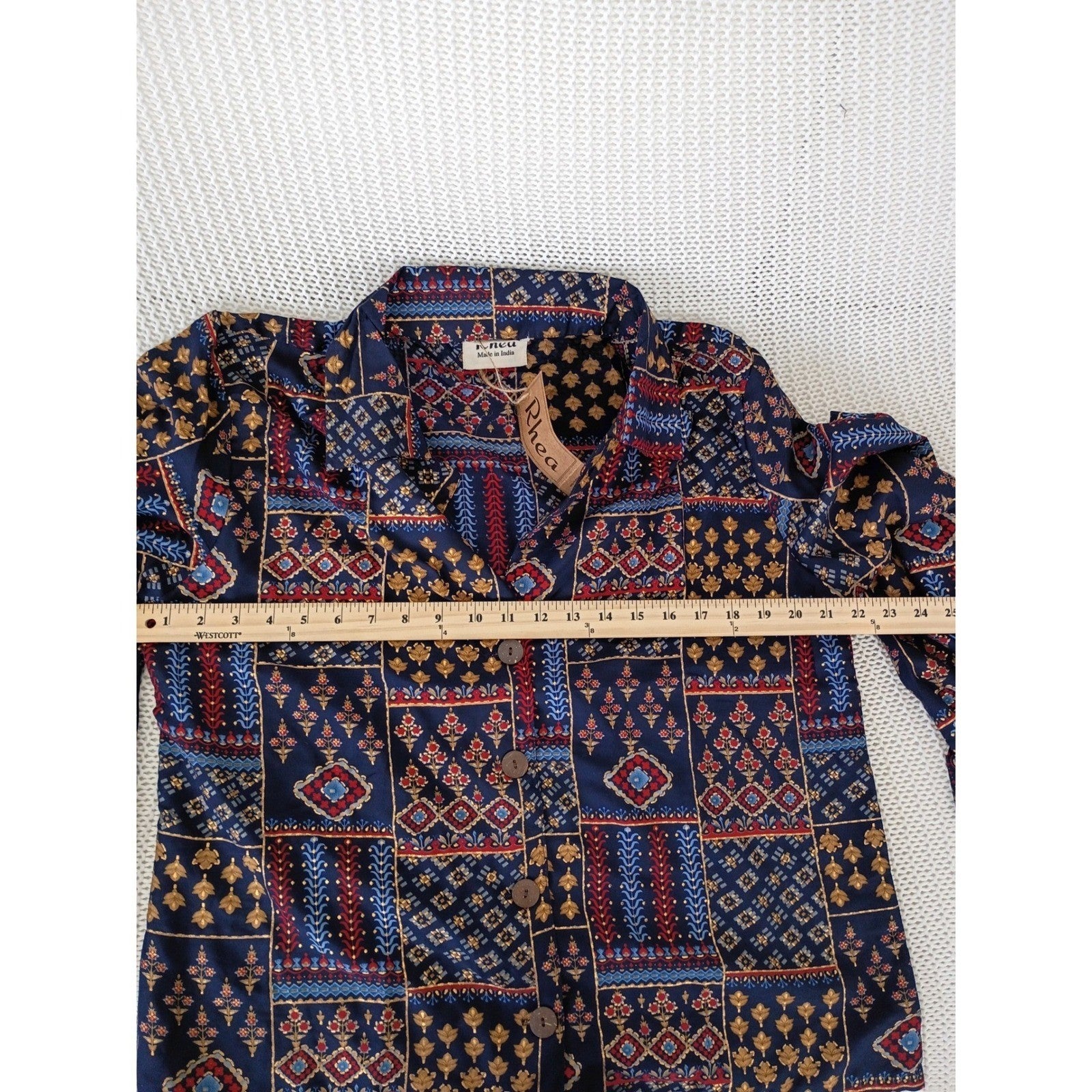RHEA NWT Silk Blend Navy Patchwork Block Print Button Down Shirt S/M Boho India