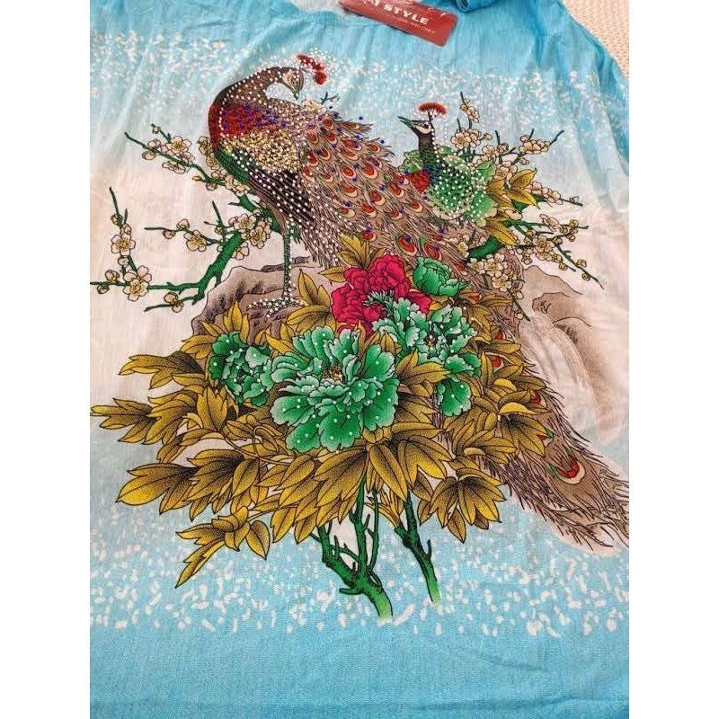 I STYLE Tropical Turquoise Blue Peacock Floral Print Sht Sleeve Tunic Top L