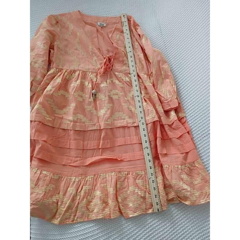 NWT RHEA Peach Gold Metallic Ikat Boho Tiered 100% Cotton Mini Dress L XL V-Neck