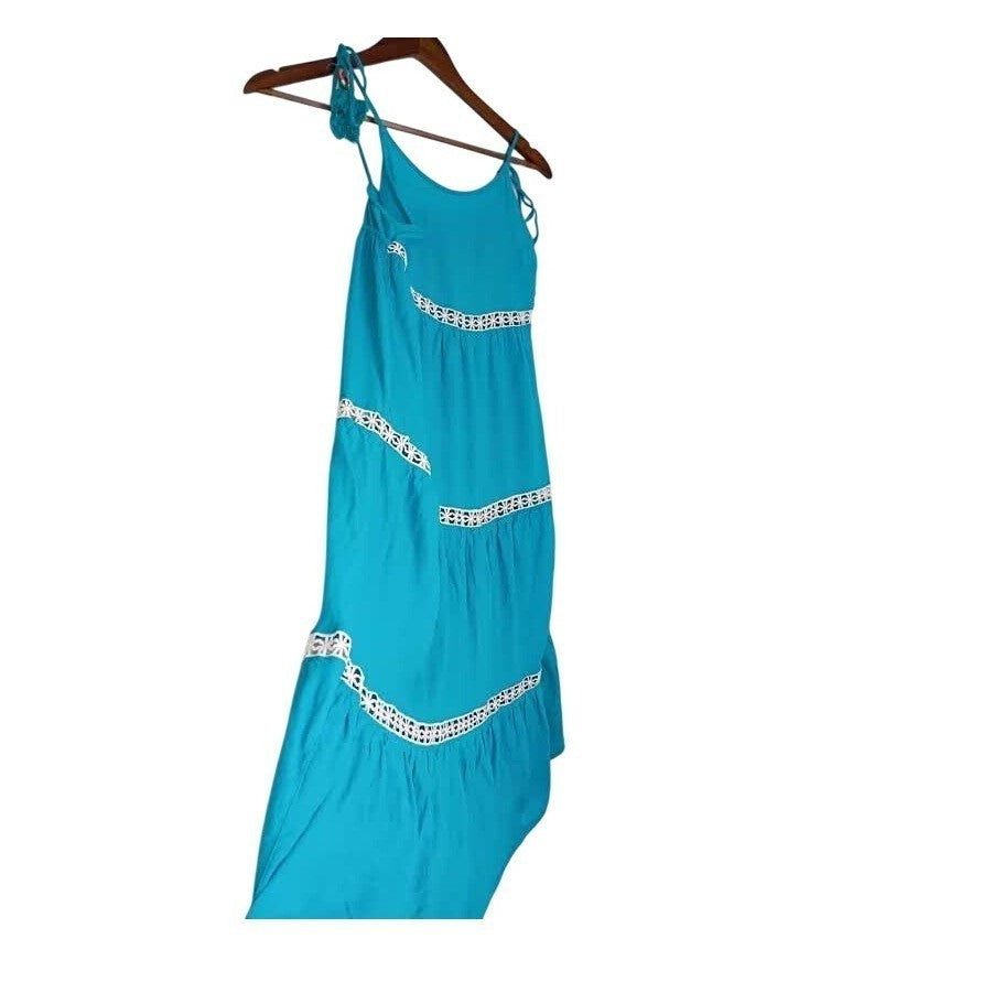 Rachel Zoe Linen Blend Tiered Midi Dress Teal Crochet Lace Boho Cottage S