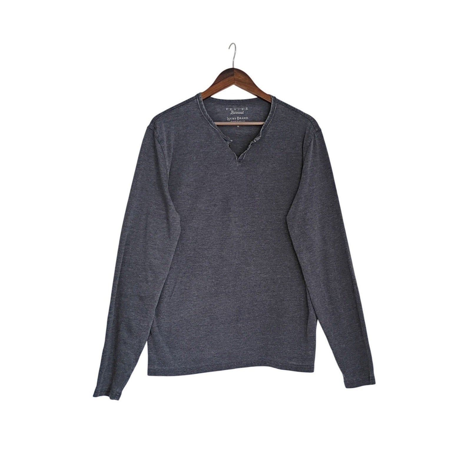 Lucky Brand Venice Burnout Cotton Blend Henley Shirt Long Sleeve Gray Mens M