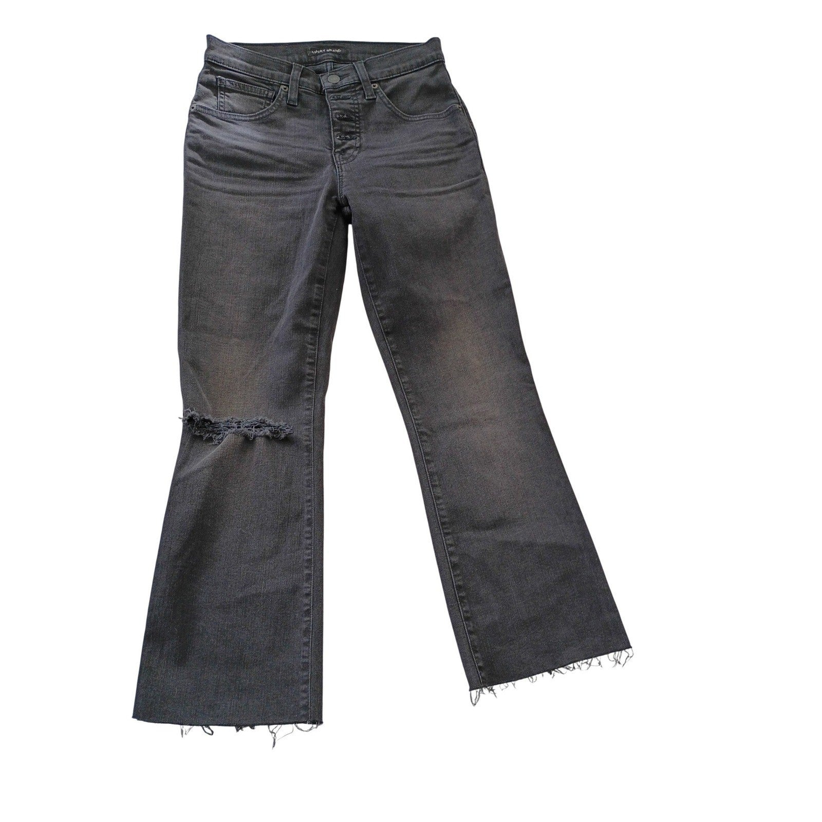Lucky Brand Ava Mid Rise Crop Mini Boot Jeans Black Raw Hem  26x24 NWOT $99 MSRP