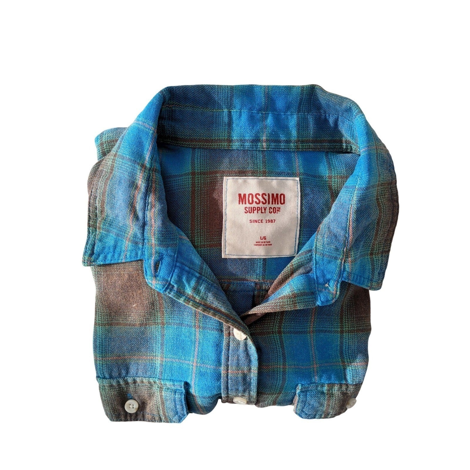 MOSSIMO SUPPLY CO Plaid Flannel Button Up Shirt Blue Brown L Cotton Blen