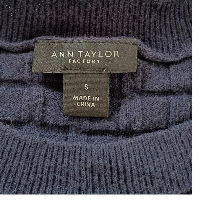 Ann Taylor Cotton Wool Sweater Navy Textured Crew Neck Quiet Luxury S