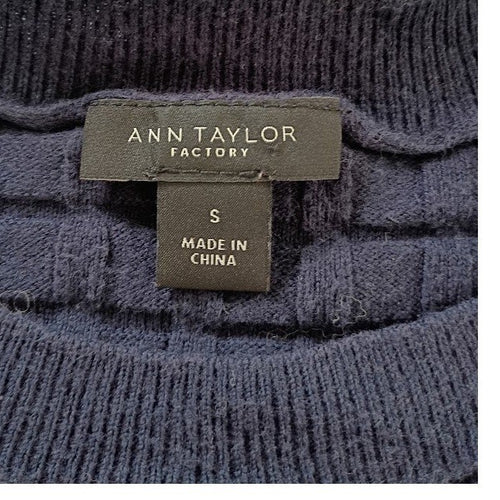 Ann Taylor Cotton Wool Sweater Navy Textured Crew Neck Quiet Luxury S