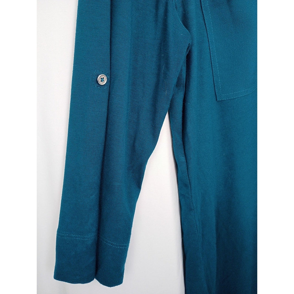 Calvin Klein Teal Blue 3/4 Sleeve V Neck Roll Tab Pocket Shirt Women's M