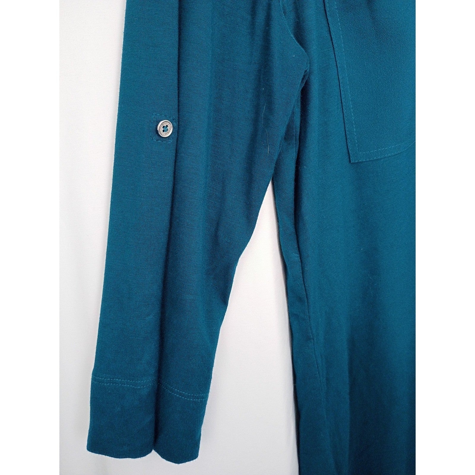Calvin Klein Teal Blue 3/4 Sleeve V Neck Roll Tab Pocket Shirt Women's M