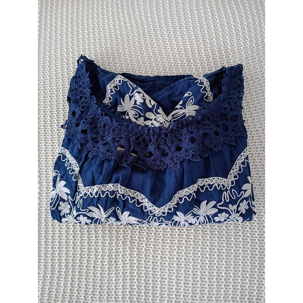 Flying Tomato Navy 100% Cotton Embroidered Crochet Off Shoulder Boho L
