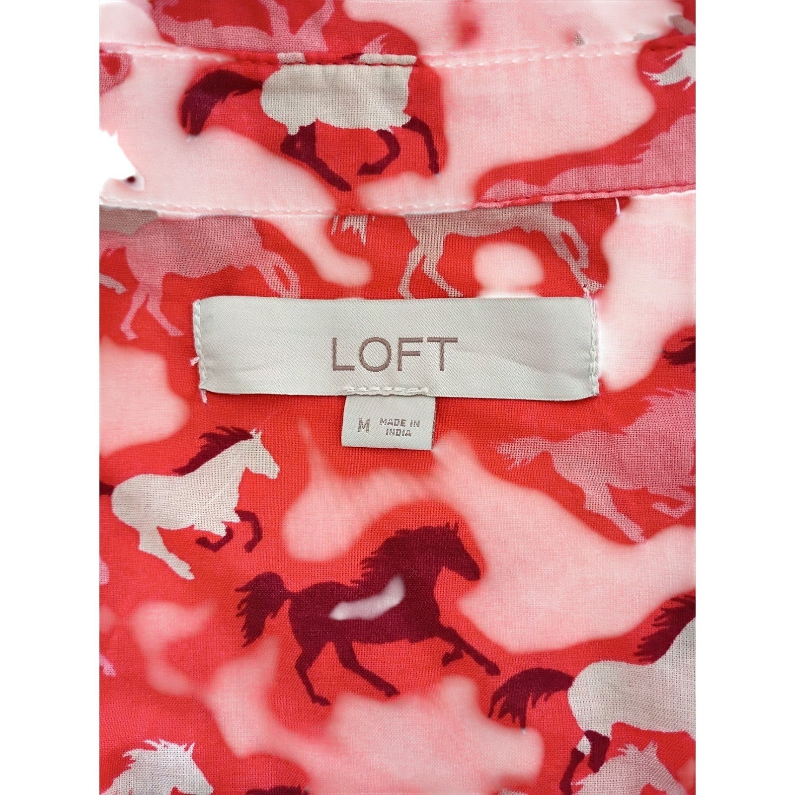 LOFT Red Horse Print 100% Cotton  Button Down Shirt Size M Long Sleeve