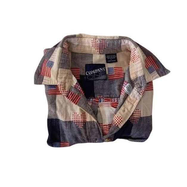 COMPANY ONE Plaid Americana Flag Patchwork Button Down Shirt L 100% Cotton
