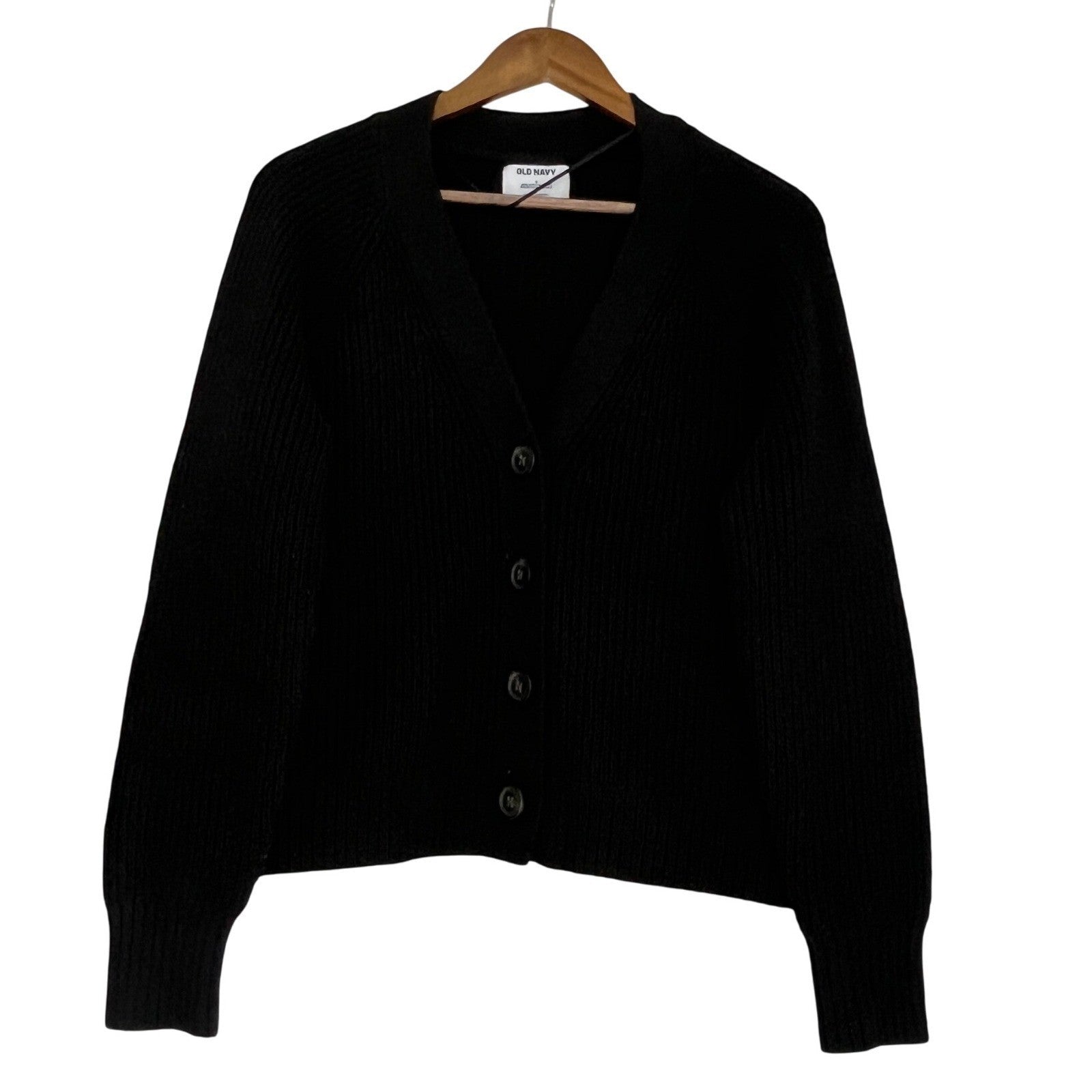 Old Navy Black Button Front Ribbed Cardigan S Cotton Wool Blend Minimalist