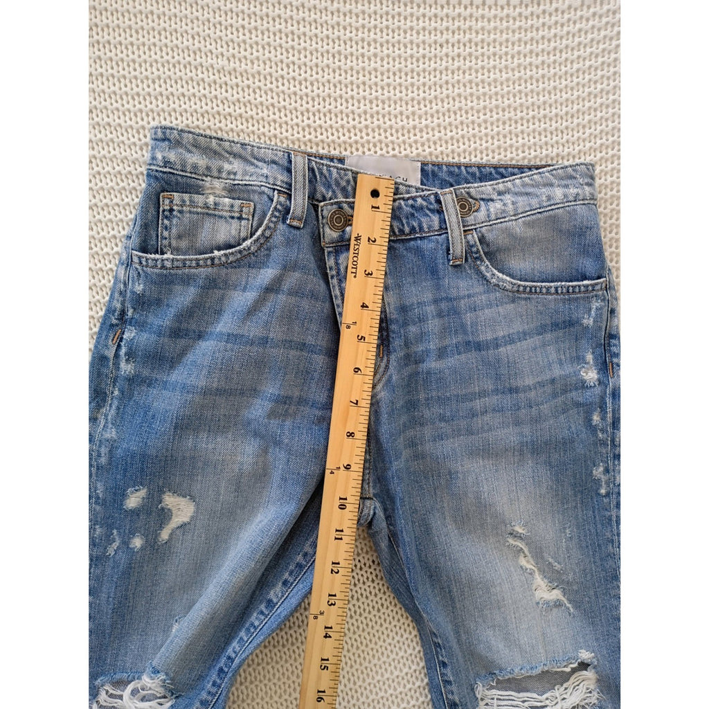 HYPEACH Distressed Boyfriend Jeans Blue Wash Straight Leg Frayed Hem 26/2x27