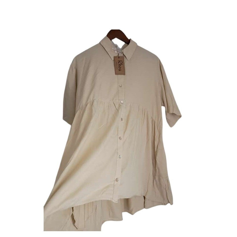 NWT RHEA Tan Tiered Babydoll Mini Dress L/XL Oversized Boho Viscose Short Sleeve