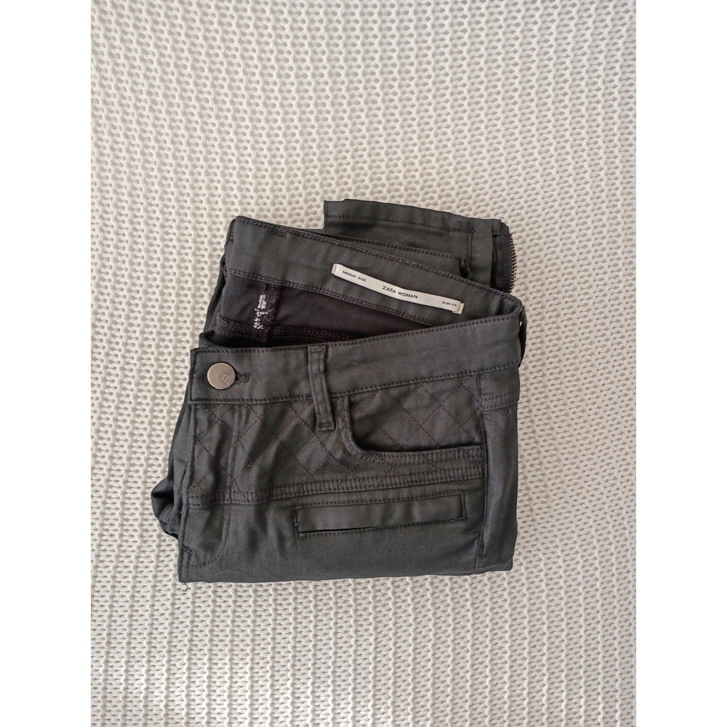 Zara Black Coated Moto Pants 28x28 Night Out Sleek Faux Leather Biker Ankle Zip