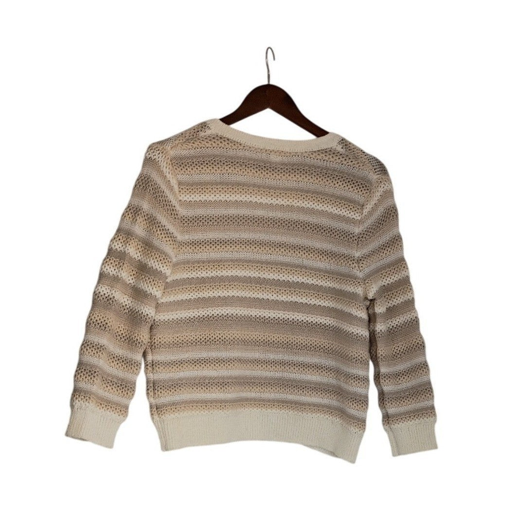 CHICO'S Neutral Zip Cardigan Beige Stripe Cotton Blend M NWOT Effortless Polish