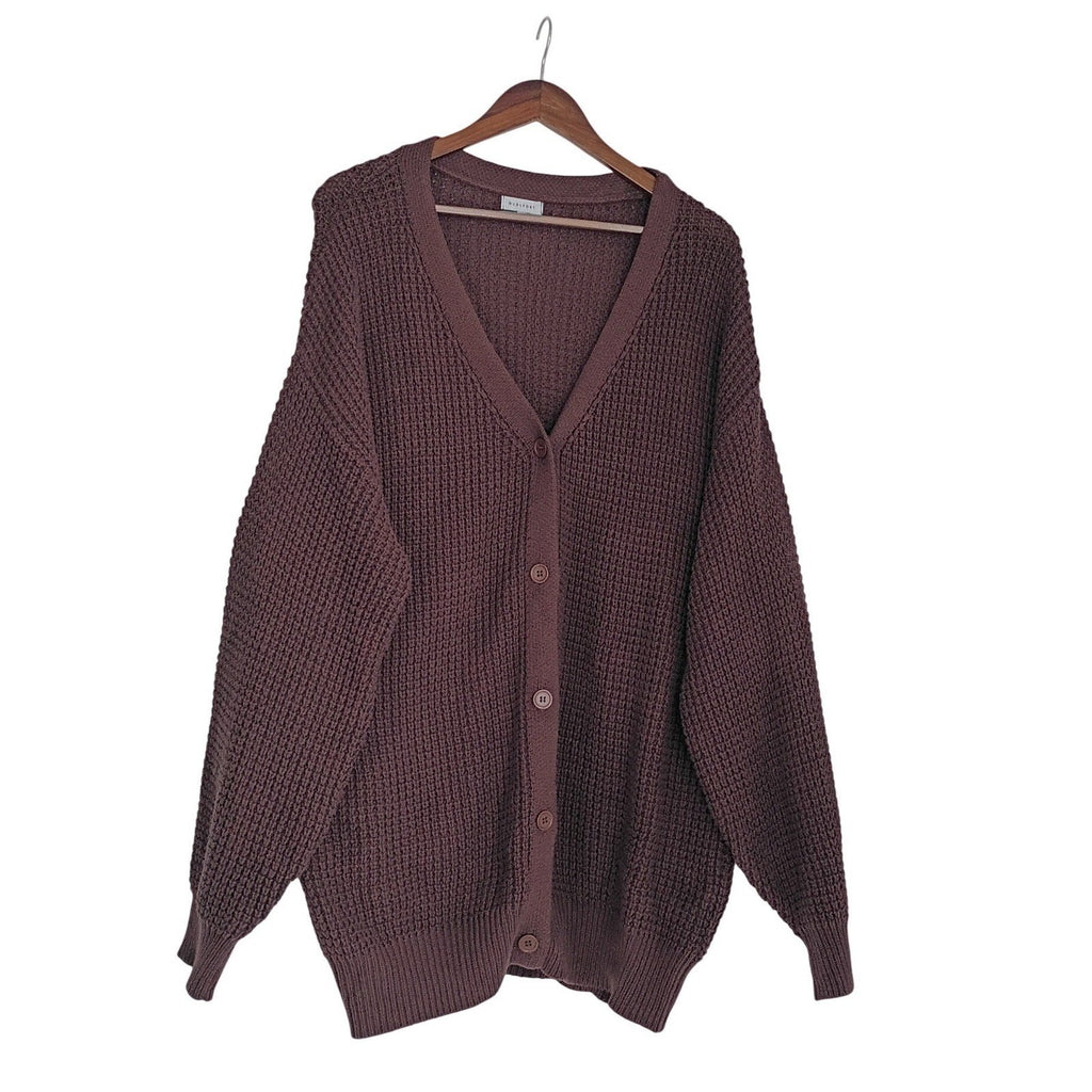 Qualfort Brown Oversized Waffle Knit Button Cardigan 100% Cotton Plus Size 2XL
