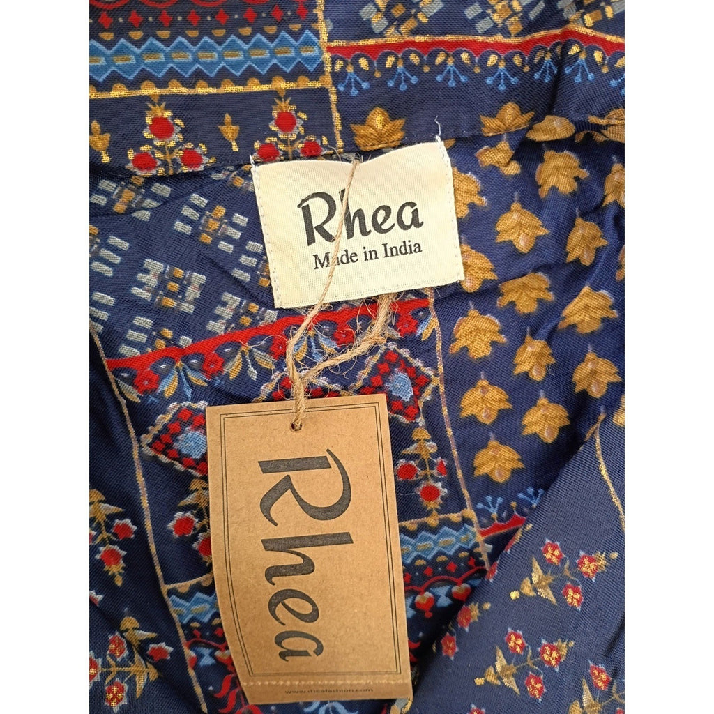 RHEA NWT Silk Blend Bohemian Patchwork Wide Leg Pants S/M Navy Red Gold Boho