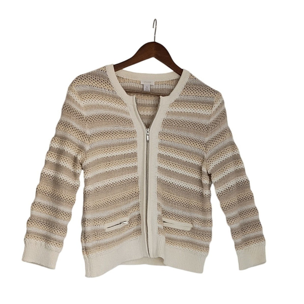 CHICO'S Neutral Zip Cardigan Beige Stripe Cotton Blend M NWOT Effortless Polish