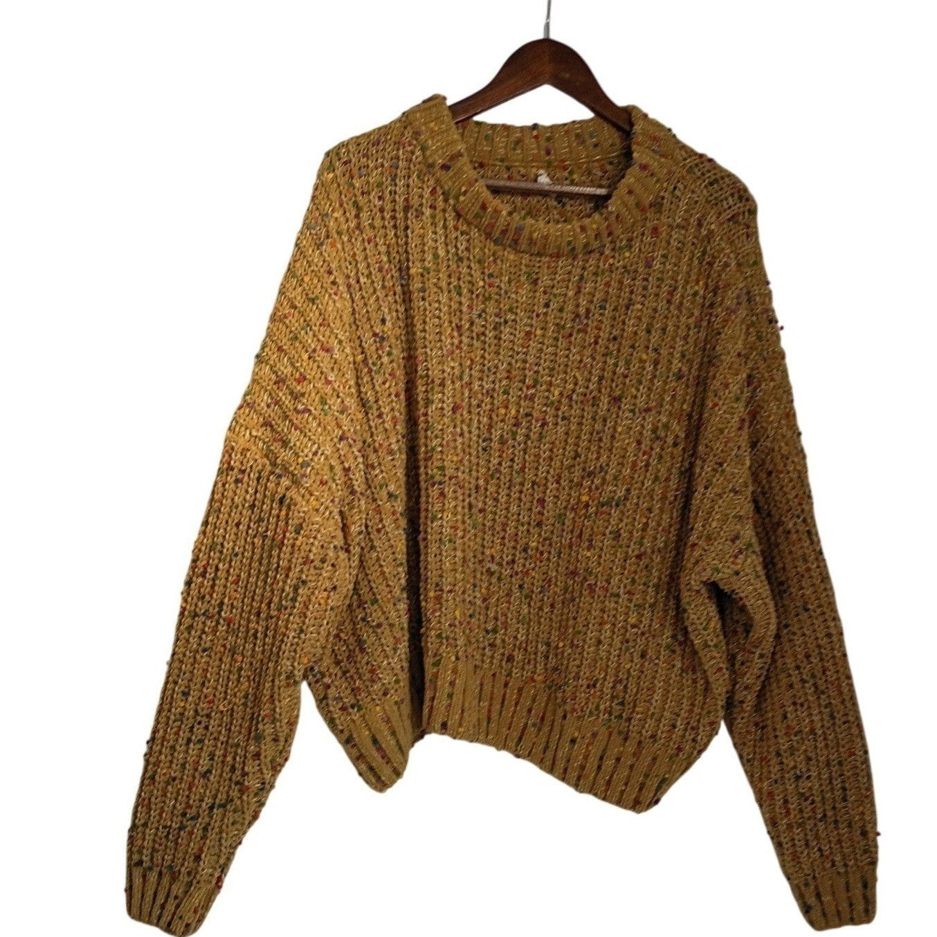 Easel Mustard Boho Eclectic Yellow Confetti Pom Pom Chunky Knit Crew Nck Sweater