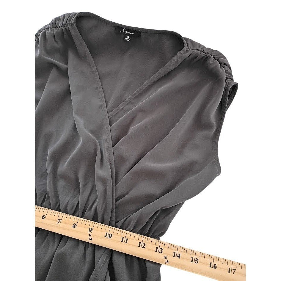 Grey Dolman Sleeve Faux Wrap Midi Dress with Pockets Elegant Romantic Neutral S