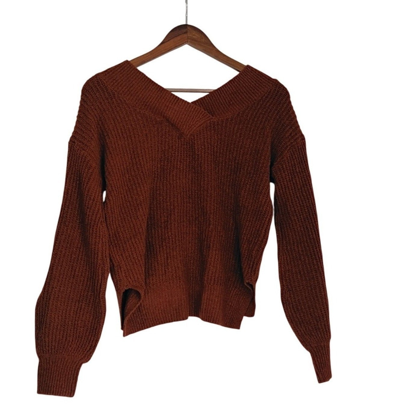 PINK ROSE NWT Cozy Rusty Brown Cross-Neck Waffle Knit Sweater Size S Casual Chic